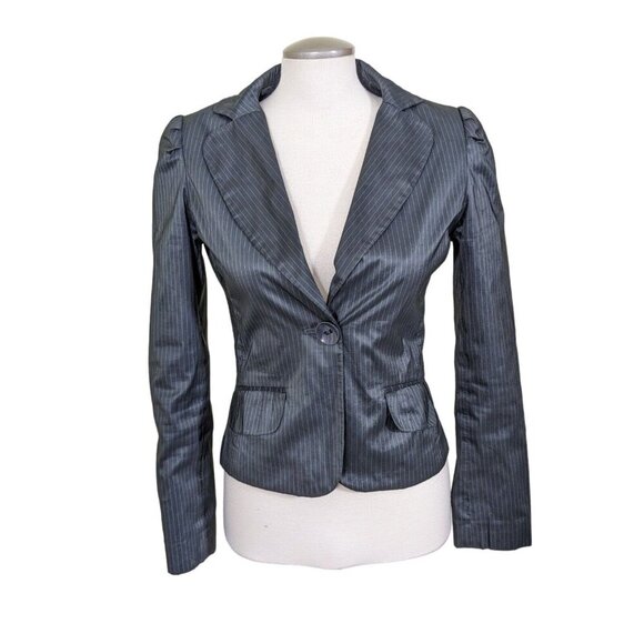H&M One Button Blazer Womens 6 Gray Shiny Jacket Pinstripe Puff Sleeve Pockets - Picture 1 of 10